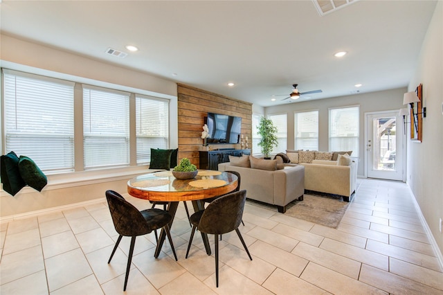17715 White Lightning Way, Spring, TX 77379 - dining room featuring a ceiling fan, light tile patterned flooring, and recessed lighting