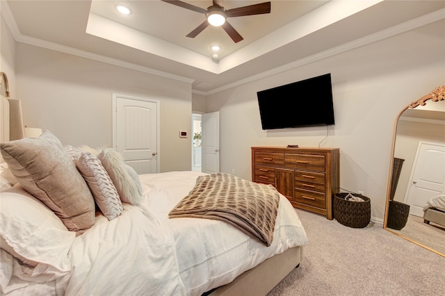 17715 White Lightning Way, Spring, TX 77379 - carpeted bedroom featuring recessed lighting, a ceiling fan, a tray ceiling, and ornamental molding