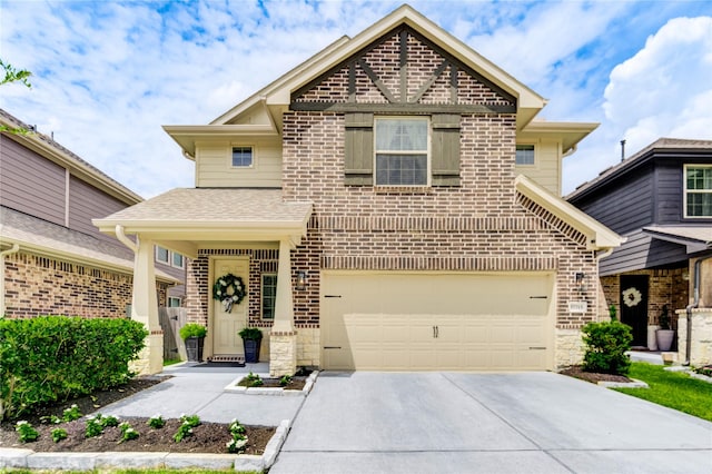 17715 White Lightning Way, Spring, TX 77379 - traditional home featuring driveway, stone siding, roof with shingles, brick siding, and a garage