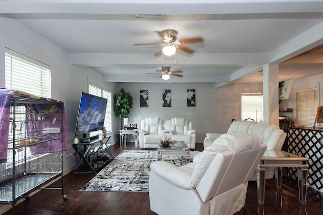 117 Pecan Dr, Baytown, TX 77520 - living area with a ceiling fan, wood finished floors, and beam ceiling