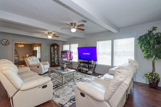 117 Pecan Dr, Baytown, TX 77520 - living area featuring beamed ceiling, dark wood-type flooring, and a ceiling fan