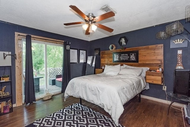 117 Pecan Dr, Baytown, TX 77520 - bedroom featuring hardwood / wood-style flooring, access to exterior, and ceiling fan