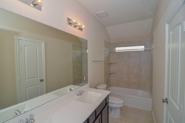 3634 Goldleaf Trail Dr, Katy, TX 77449 - bathroom featuring tile patterned flooring, double vanity, shower / tub combination, and lofted ceiling