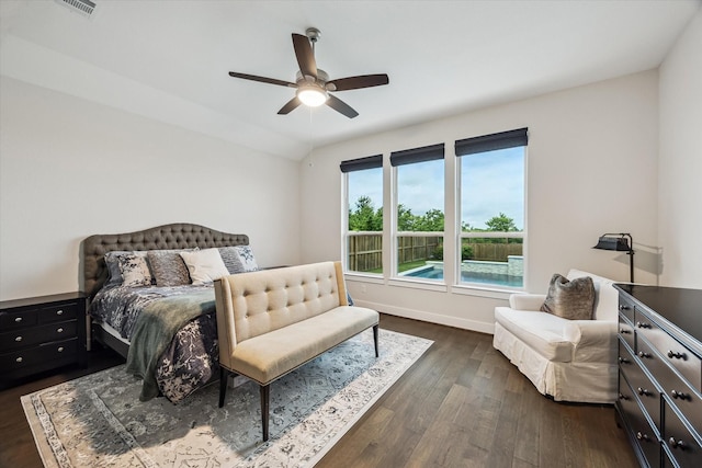 14115 Garibaldi Dr, Cypress, TX 77433 - bedroom featuring dark wood-style floors, ceiling fan, and lofted ceiling