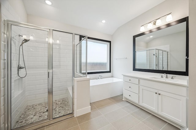 14115 Garibaldi Dr, Cypress, TX 77433 - full bathroom with a stall shower, vanity, a garden tub, tile patterned floors, and recessed lighting