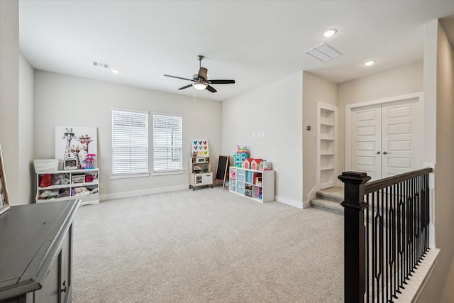 14115 Garibaldi Dr, Cypress, TX 77433 - playroom with carpet flooring, a ceiling fan, and recessed lighting