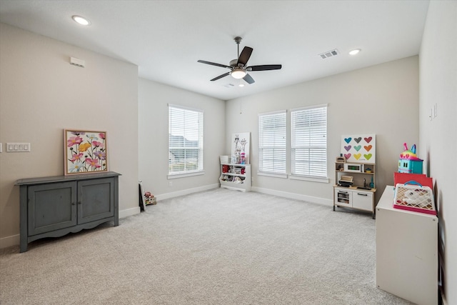 14115 Garibaldi Dr, Cypress, TX 77433 - playroom with ceiling fan, carpet floors, and recessed lighting