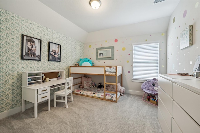 14115 Garibaldi Dr, Cypress, TX 77433 - bedroom with lofted ceiling, light carpet, and wallpapered walls