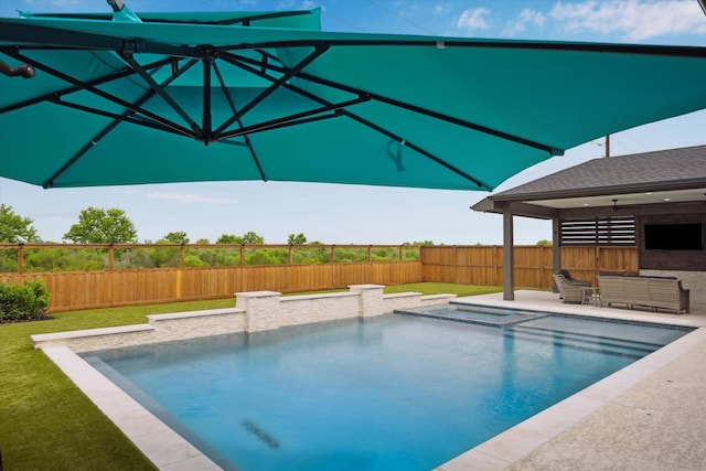 14115 Garibaldi Dr, Cypress, TX 77433 - view of pool featuring a fenced backyard, ceiling fan, a patio, a pool with connected hot tub, and an outdoor hangout area