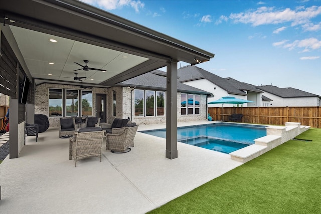 14115 Garibaldi Dr, Cypress, TX 77433 - view of pool featuring ceiling fan, a patio, a fenced backyard, and an outdoor living space