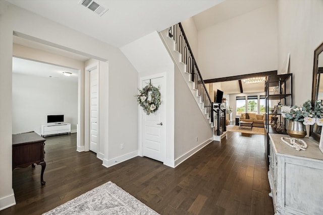 14115 Garibaldi Dr, Cypress, TX 77433 - entrance foyer with stairway, dark wood finished floors, and vaulted ceiling