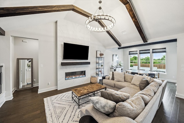 14115 Garibaldi Dr, Cypress, TX 77433 - living room with a chandelier, high vaulted ceiling, beam ceiling, a fireplace, and dark wood finished floors