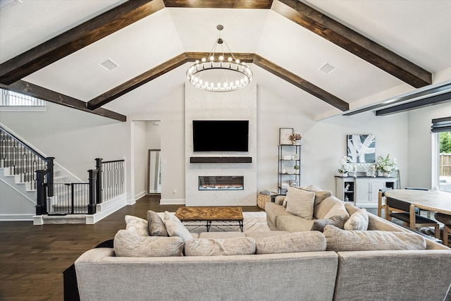 14115 Garibaldi Dr, Cypress, TX 77433 - living room featuring a chandelier, wood finished floors, stairs, high vaulted ceiling, and a fireplace