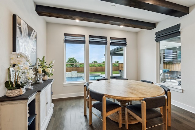 14115 Garibaldi Dr, Cypress, TX 77433 - dining area featuring beam ceiling and dark wood-style flooring