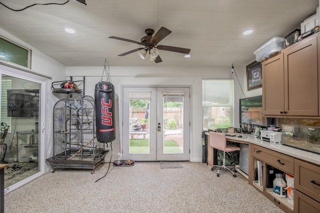 2019 Vanamen Ct, Conroe, TX 77304 - office space featuring french doors, a ceiling fan, carpet, and recessed lighting