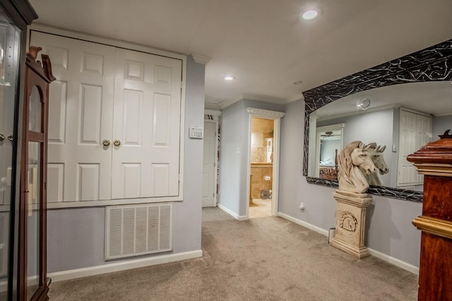 2019 Vanamen Ct, Conroe, TX 77304 - hall with crown molding, carpet flooring, and recessed lighting