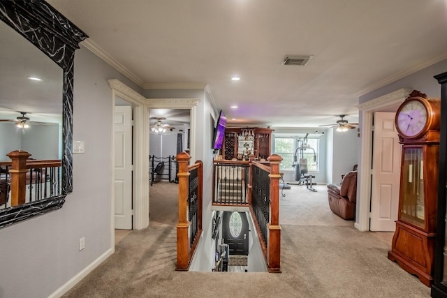 2019 Vanamen Ct, Conroe, TX 77304 - hallway featuring carpet flooring, an upstairs landing, ornamental molding, and recessed lighting