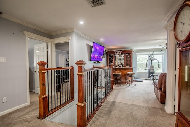 2019 Vanamen Ct, Conroe, TX 77304 - corridor with carpet flooring, an upstairs landing, crown molding, and recessed lighting