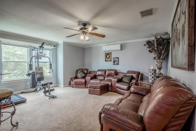 2019 Vanamen Ct, Conroe, TX 77304 - carpeted living room featuring a wall mounted AC, ceiling fan, and ornamental molding