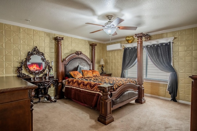 2019 Vanamen Ct, Conroe, TX 77304 - carpeted bedroom with ornamental molding, a textured ceiling, a wall mounted AC, and ceiling fan