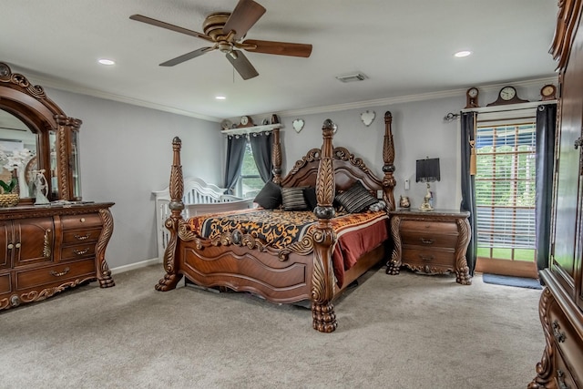 2019 Vanamen Ct, Conroe, TX 77304 - bedroom with carpet, recessed lighting, ornamental molding, ceiling fan, and access to outside