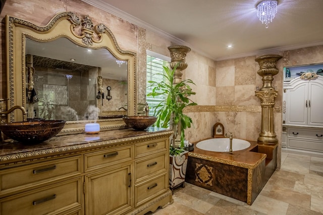 2019 Vanamen Ct, Conroe, TX 77304 - full bath featuring tile walls, crown molding, a bath, vanity, and a stall shower