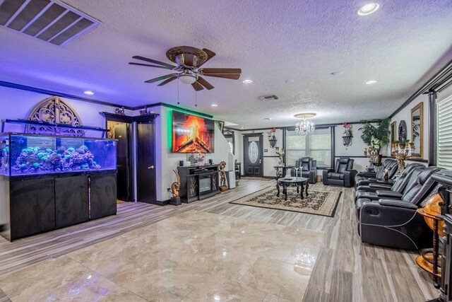 2019 Vanamen Ct, Conroe, TX 77304 - living area with a textured ceiling, recessed lighting, a chandelier, and ceiling fan