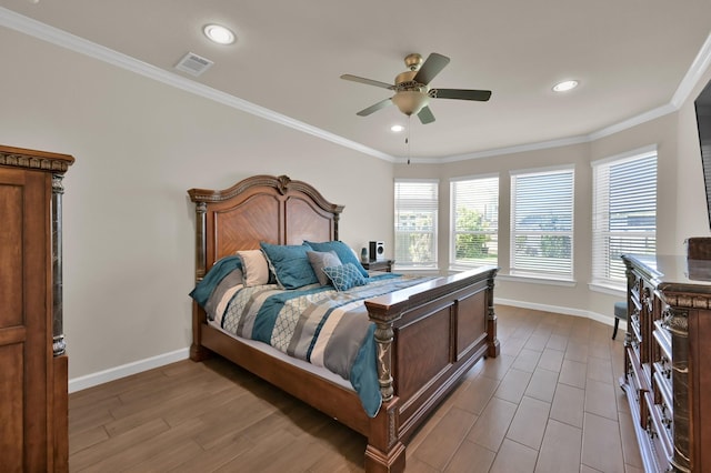 3604 Magnolia Crest Ln, Spring, TX 77386 - bedroom featuring wood finished floors, ornamental molding, recessed lighting, and a ceiling fan