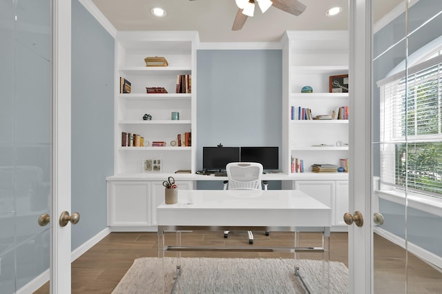 3604 Magnolia Crest Ln, Spring, TX 77386 - office area with french doors, a ceiling fan, recessed lighting, built in features, and wood finished floors