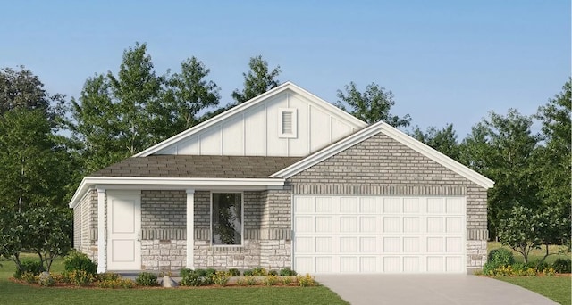 3009 Wild Dunes Dr, Katy, TX 77493 - view of front of house featuring an attached garage, concrete driveway, board and batten siding, stone siding, and a front lawn