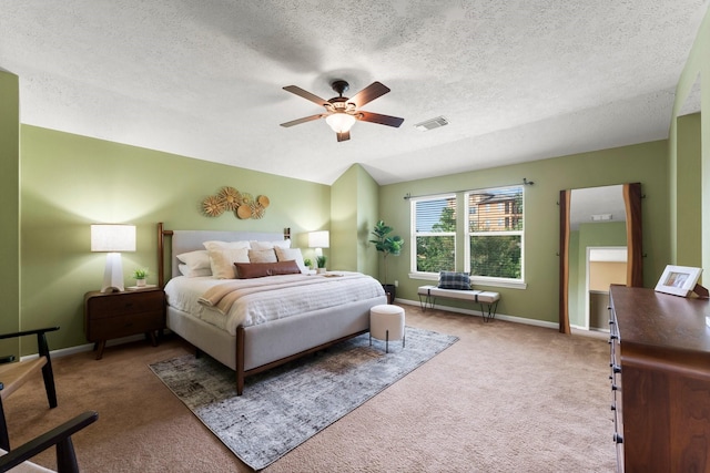 28210 Slatestone Ln, Spring, TX 77386 - bedroom with carpet, a textured ceiling, ceiling fan, and vaulted ceiling