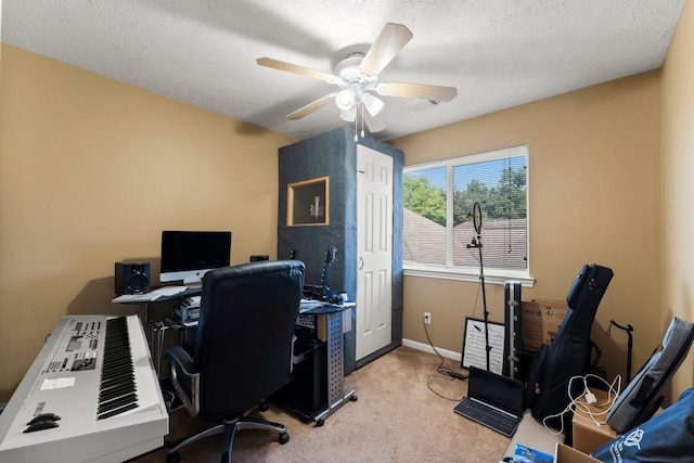 28210 Slatestone Ln, Spring, TX 77386 - office area featuring a ceiling fan, carpet flooring, and a textured ceiling