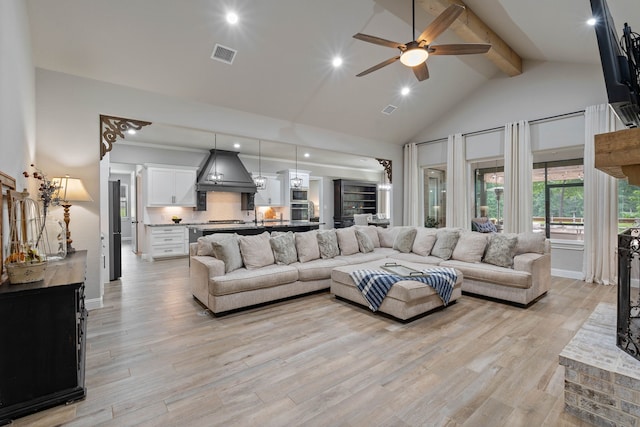 206 Rim Rock Rd, Huntsville, TX 77340 - living area with a ceiling fan, beamed ceiling, light wood-style flooring, recessed lighting, and high vaulted ceiling