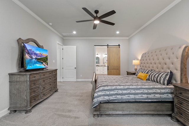 206 Rim Rock Rd, Huntsville, TX 77340 - bedroom featuring recessed lighting, a barn door, crown molding, light colored carpet, and ensuite bathroom