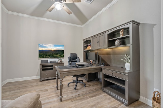 206 Rim Rock Rd, Huntsville, TX 77340 - office space with a ceiling fan, ornamental molding, and light wood-style floors