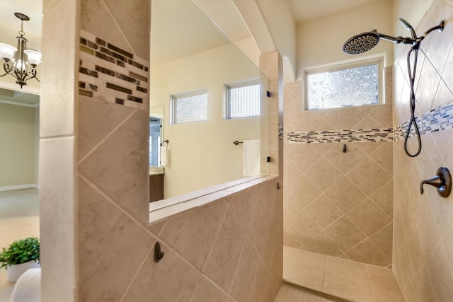 2728 Long Lasso Pass, Leander, TX 78641 - bathroom with a walk in shower and a chandelier