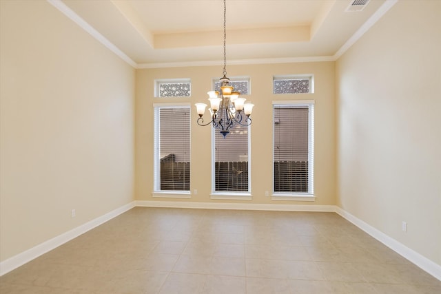 2728 Long Lasso Pass, Leander, TX 78641 - unfurnished dining area with a raised ceiling, a chandelier, and light tile patterned floors