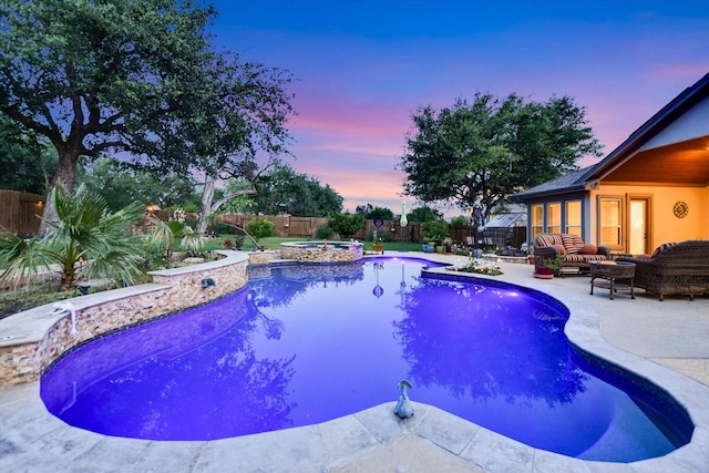 2728 Long Lasso Pass, Leander, TX 78641 - view of pool with outdoor lounge area, a fenced backyard, a patio area, and a pool with connected hot tub