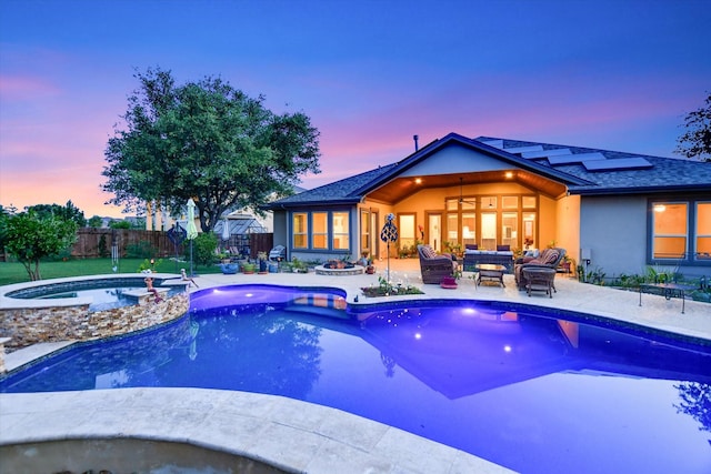 2728 Long Lasso Pass, Leander, TX 78641 - view of pool with outdoor lounge area, a fenced backyard, a patio, ceiling fan, and a pool with connected hot tub