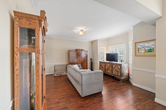 16447 Flint Run Way, Sugar Land, TX 77498 - living area with ornamental molding and dark wood-type flooring