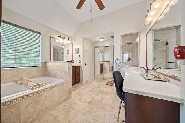 16447 Flint Run Way, Sugar Land, TX 77498 - bathroom featuring a garden tub, vanity, ceiling fan, vaulted ceiling, and a tile shower