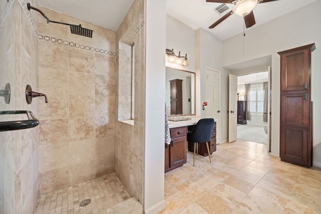 16447 Flint Run Way, Sugar Land, TX 77498 - full bath featuring tiled shower, ceiling fan, vanity, and tile patterned floors