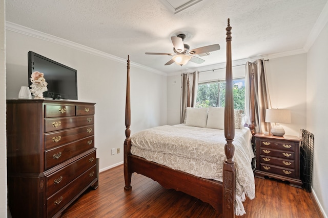 16447 Flint Run Way, Sugar Land, TX 77498 - bedroom featuring dark wood finished floors, crown molding, a textured ceiling, and ceiling fan