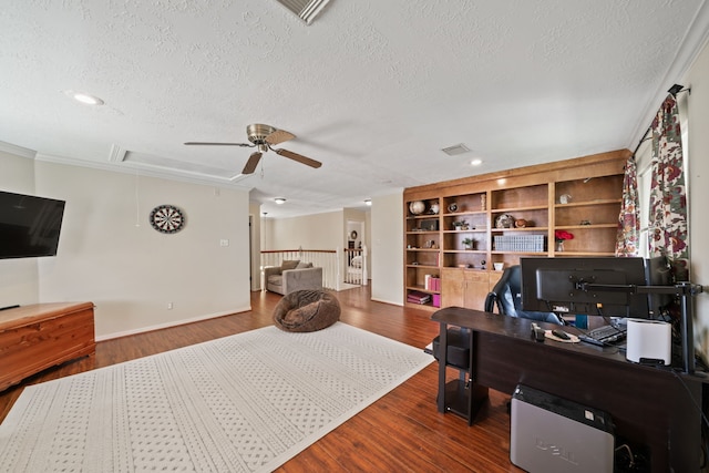 16447 Flint Run Way, Sugar Land, TX 77498 - home office featuring attic access, a textured ceiling, ceiling fan, wood finished floors, and recessed lighting