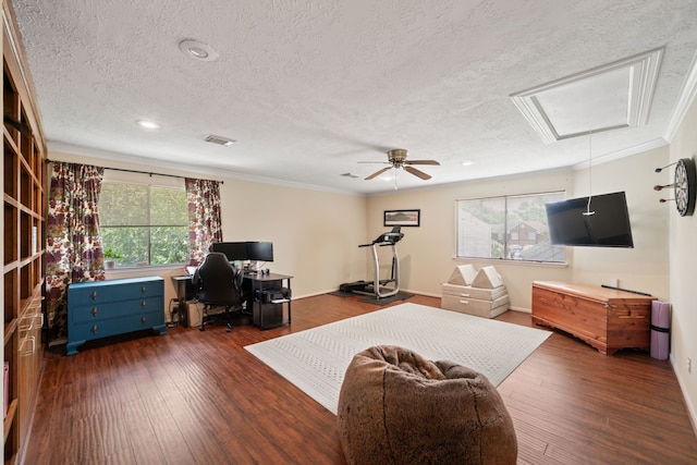 16447 Flint Run Way, Sugar Land, TX 77498 - bedroom featuring attic access, a textured ceiling, crown molding, an office area, and dark wood-type flooring