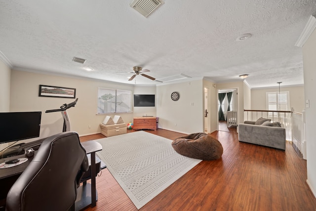 16447 Flint Run Way, Sugar Land, TX 77498 - office space featuring a textured ceiling, a ceiling fan, dark wood-type flooring, crown molding, and attic access