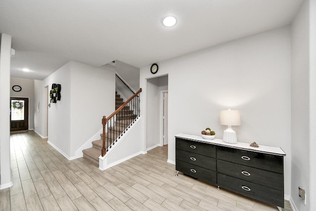 5206 Wyatt James Ln, Brookshire, TX 77423 - entryway with stairway, light wood finished floors, and recessed lighting