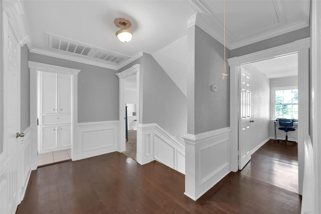 7403 Theisswood Rd, Spring, TX 77379 - corridor with dark wood-style floors, wainscoting, and ornamental molding