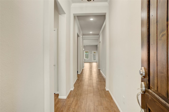 8426 Kari Bend Cir, Richmond, TX 77407 - corridor with crown molding, light wood-style flooring, and recessed lighting