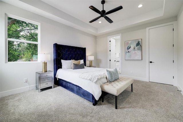 846 Elkhart St Unit B, Houston, TX 77091 - bedroom featuring carpet flooring, a raised ceiling, ensuite bath, recessed lighting, and a ceiling fan